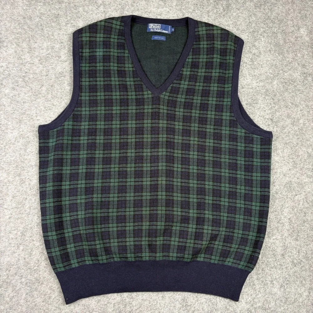 Polo Ralph Lauren Sweater Vest Mens XL Green Plaid V-Neck Cotton Knit